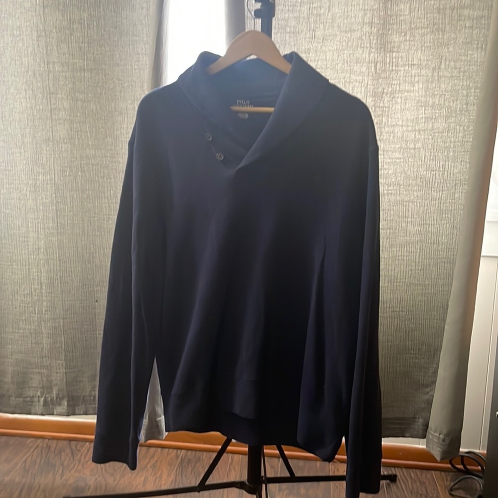 Polo Ralph Lauren Blue Shaw Collar Pull Over Sweater Men’s Large Blue w/ Buttons